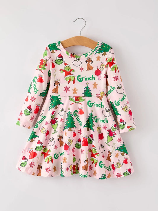 Pink Green Christmas Character Long Sleeve Dress
