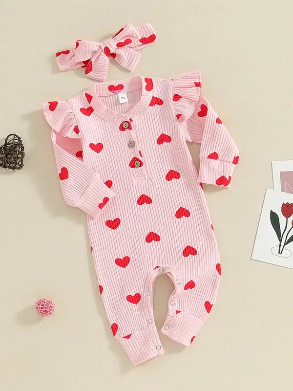 Pink Ribbed Hearts Romper w/headband