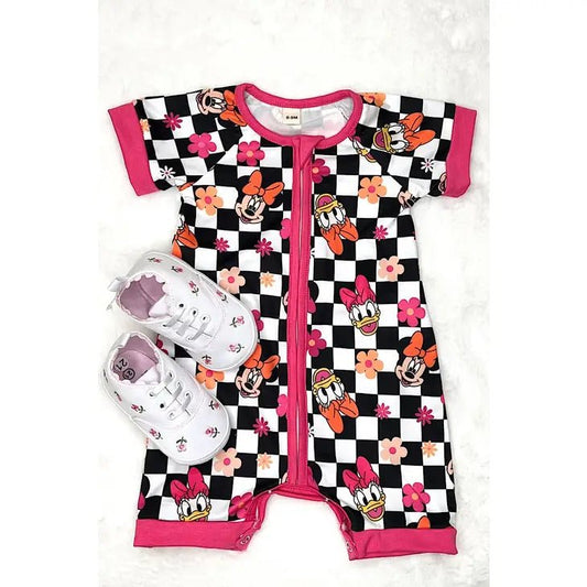 Pink Mouse Checkered Short ZIpper Romper