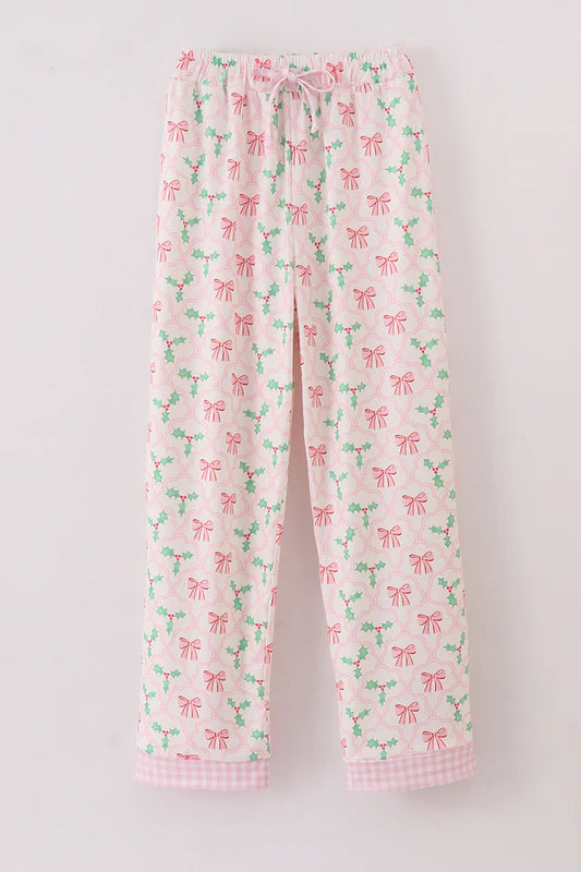 Women's Pink Christmas Holly Print PJ Pants