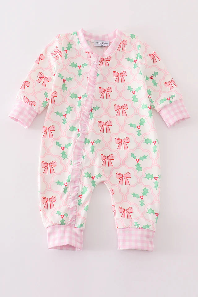 Pink Christmas Holly Bow Print Ruffle Zipper Romper