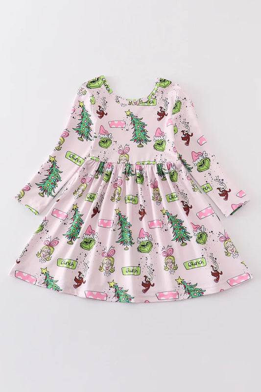 Pink Grinch Christmas Tree Twirl Dress