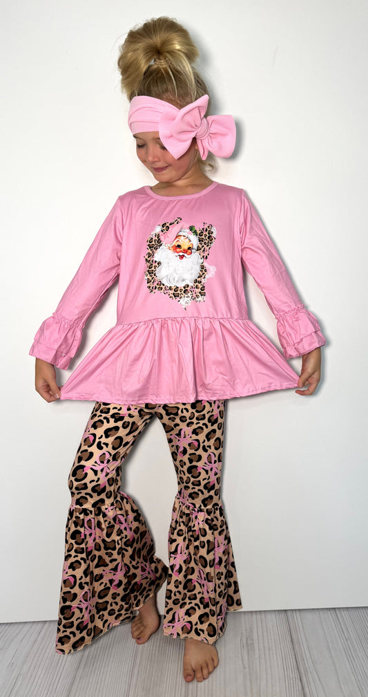 Pink Leopard Santa Bell Bottom Set