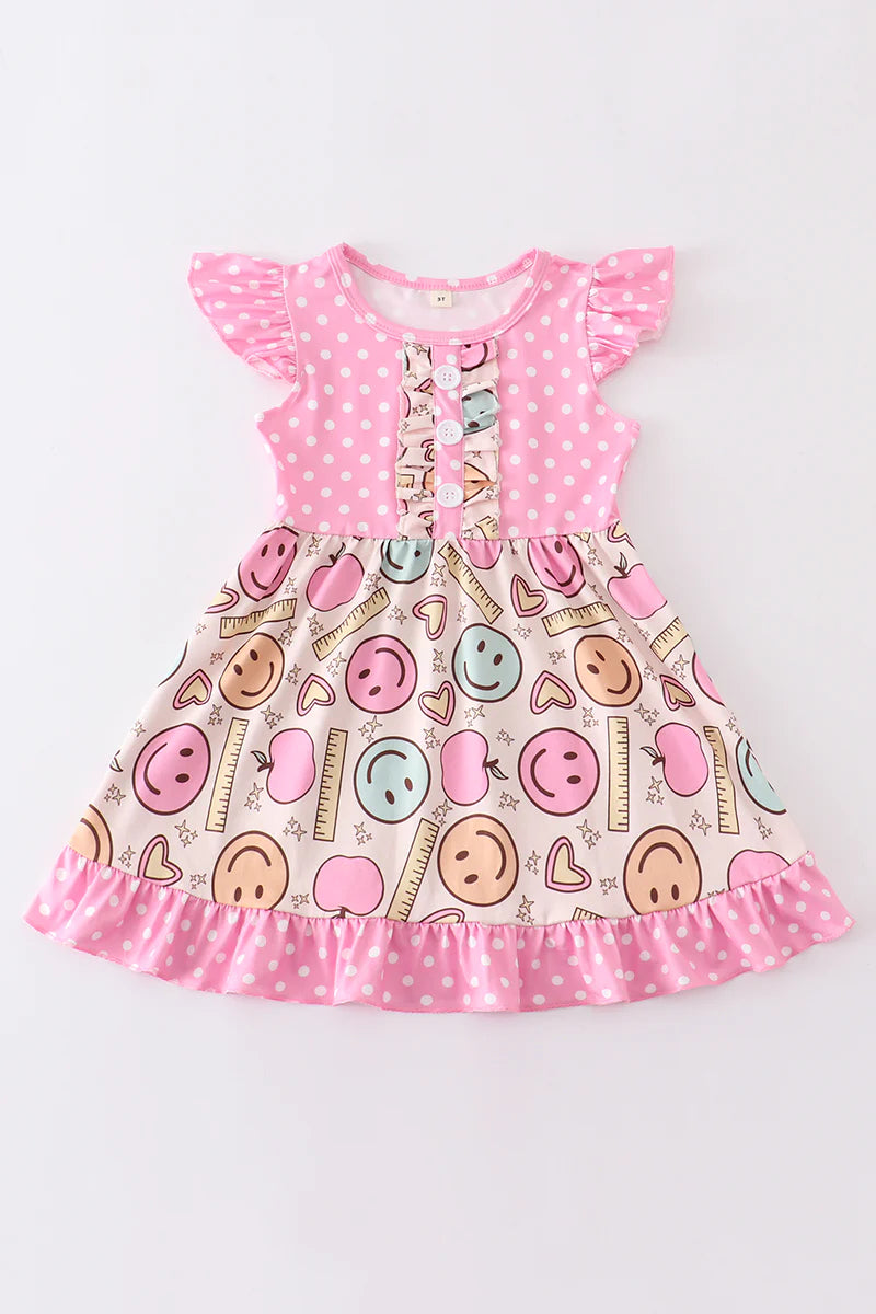 Pink Smiling Ruffle Back to School Dress