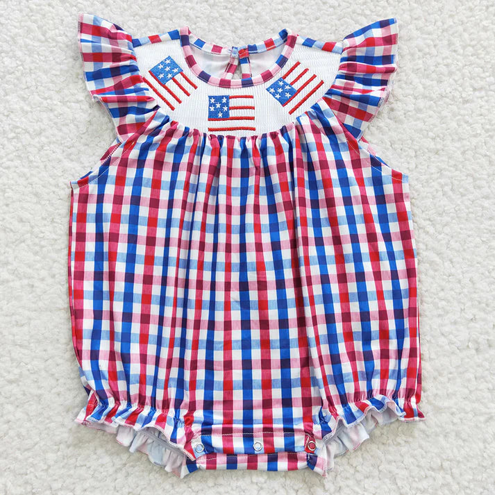 Flag Embroidery Plaid Baby Girls Smocked Romper
