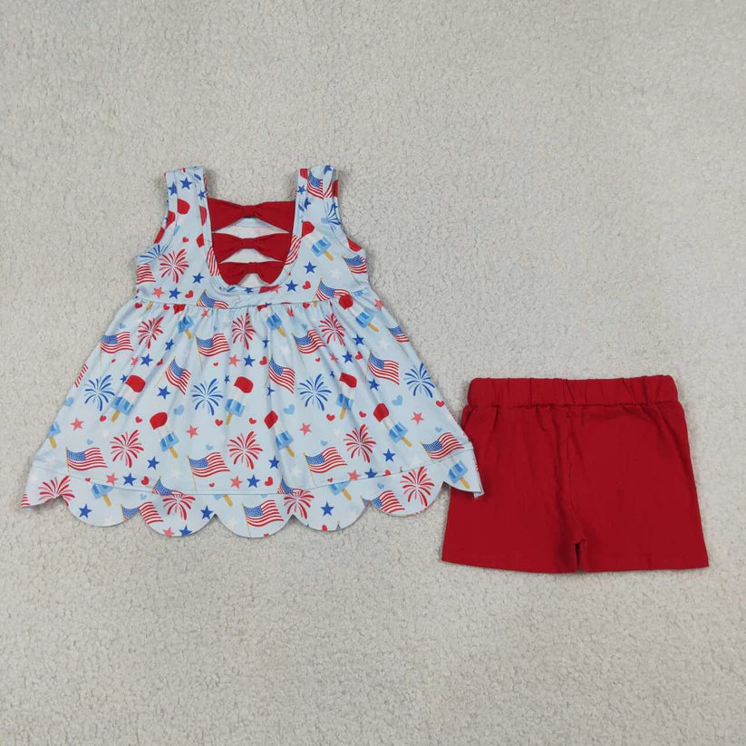 Popsicle Flags Scallop Tunic Top/Red Shorts Girls Patriotic Set