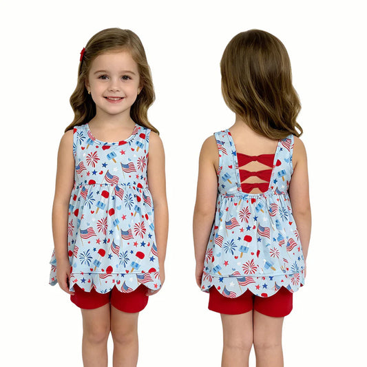 Popsicle Flags Scallop Tunic Top/Red Shorts Girls Patriotic Set