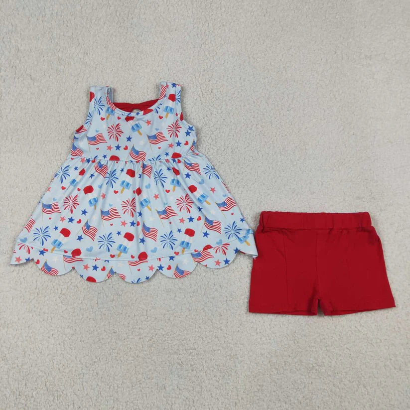 Popsicle Flags Scallop Tunic Top/Red Shorts Girls Patriotic Set