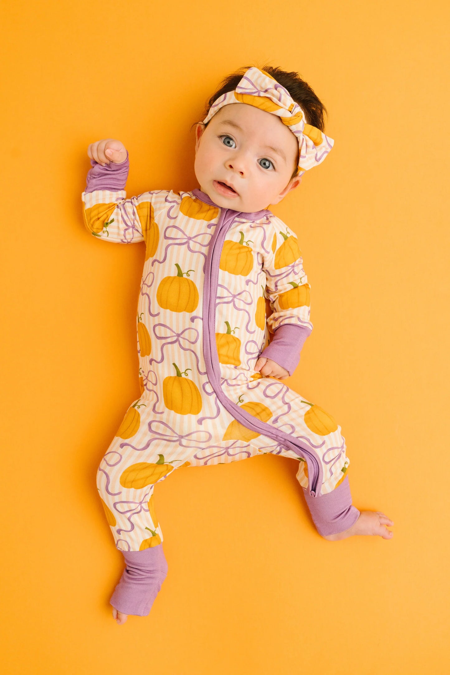 Little One Shop: Pumpkin & Bows Print Bamboo Zipper Romper