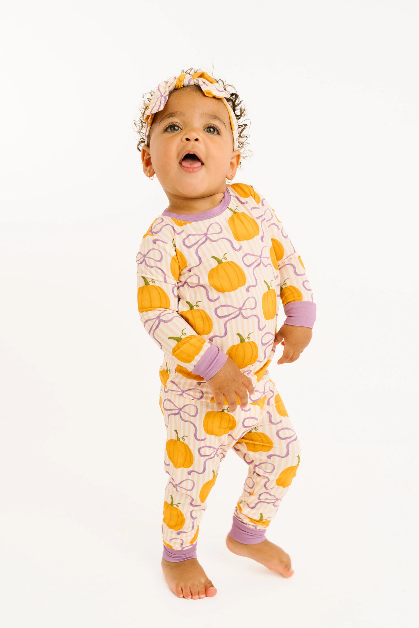 Little One Shop: Pumpkin & Bows Print Bamboo Two Piece Set