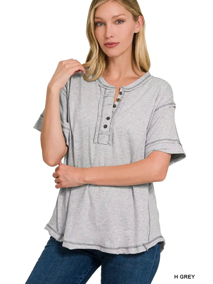 Women's- Zenana Raw Edge Detailed Button Top: Heather Grey