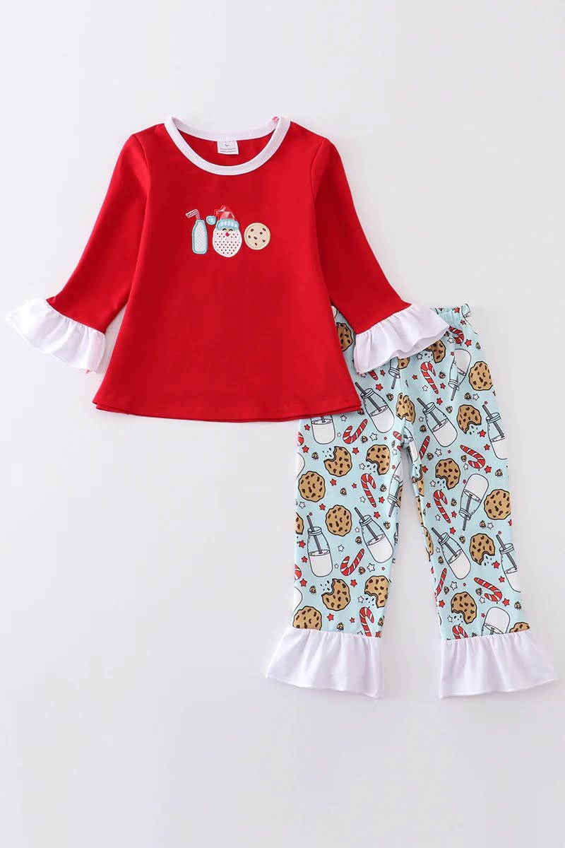 Red Santa Milk & Cookies Two Piece PJS- Ruffle