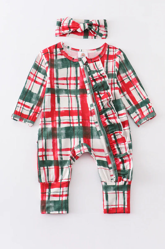 Red/Green Plaid Bamboo Zipper Romper w/Headwrap