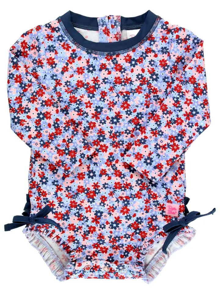 Ruffle/Rugged Butts: Red White and Bloom One Piece Long Sleeve Rashguard Swimsuit