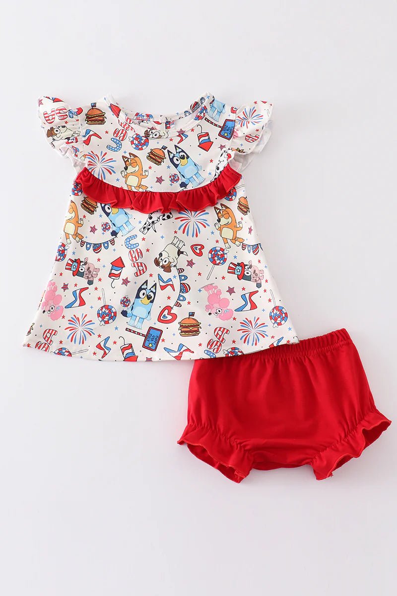 Red White and Bluey Baby Girls Ruffle Bummie Set