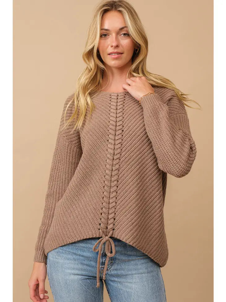 Ribbed Knit Sweater w/ Center Lace up- Mocha