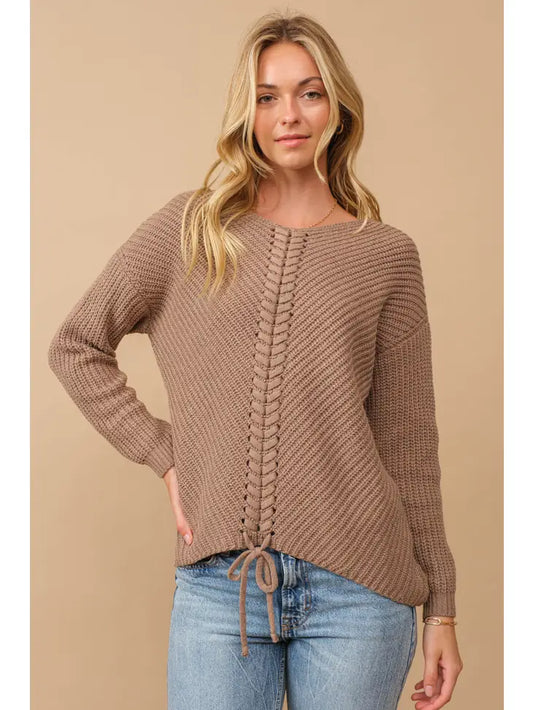 Ribbed Knit Sweater w/ Center Lace up- Mocha