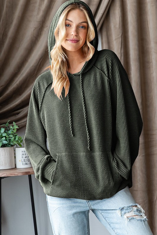 Women's Long Sleeve Solid Urban Ribbed Hoodie Top- Olive Color