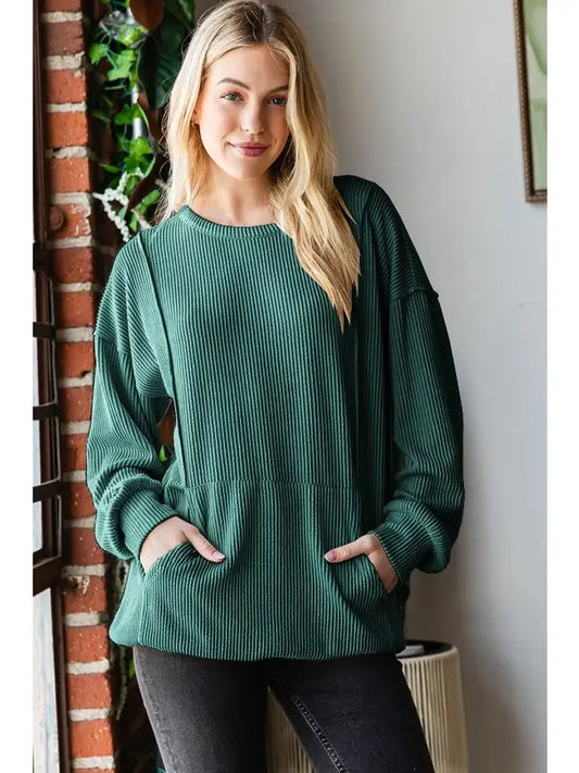 Women's Hunter Green Urban Ribbed Long Sleeve Top w/Pocket