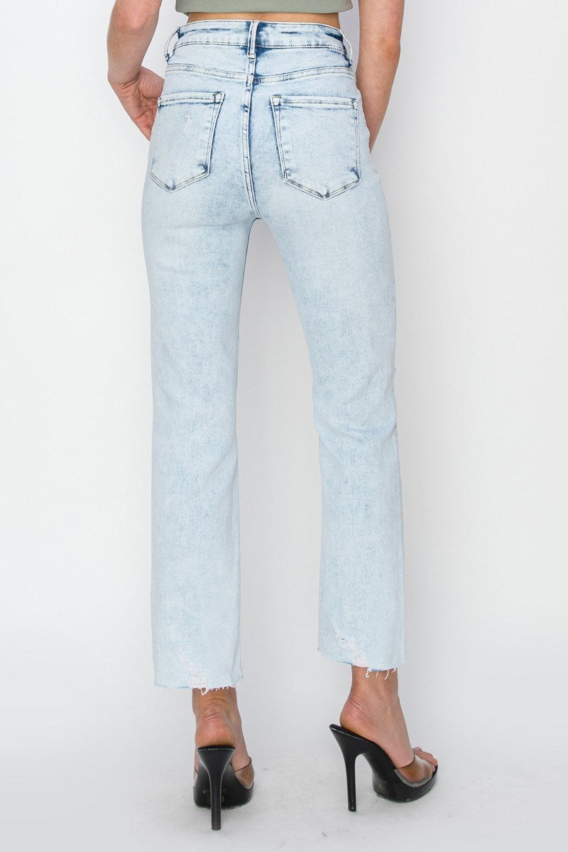 Risen Brand: Acid Light Wash High Rise-Crop Knee Distressed Straight Jeans