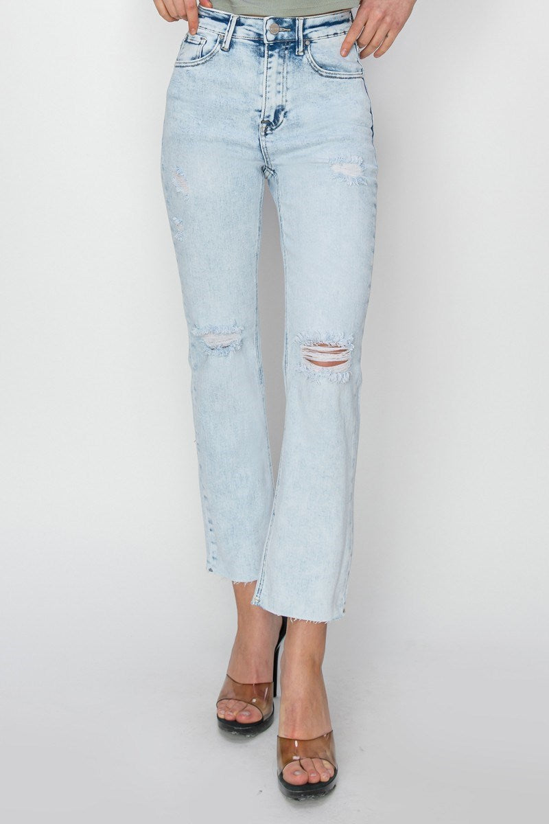 Risen Brand: Acid Light Wash High Rise-Crop Knee Distressed Straight Jeans