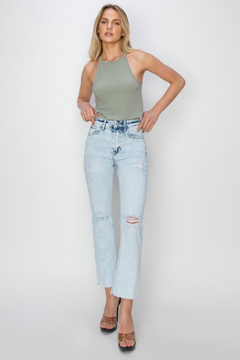 Risen Brand: Acid Light Wash High Rise-Crop Knee Distressed Straight Jeans