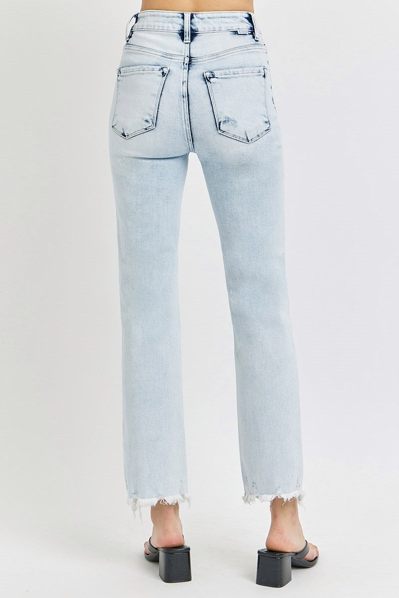 Risen: Acid Light Wash High Rise-Crop Straight-Distressed Jeans