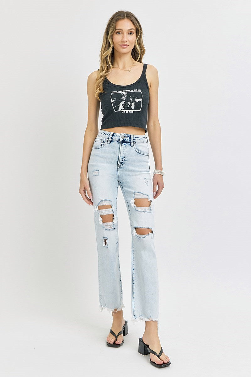 Risen: Acid Light Wash High Rise-Crop Straight-Distressed Jeans