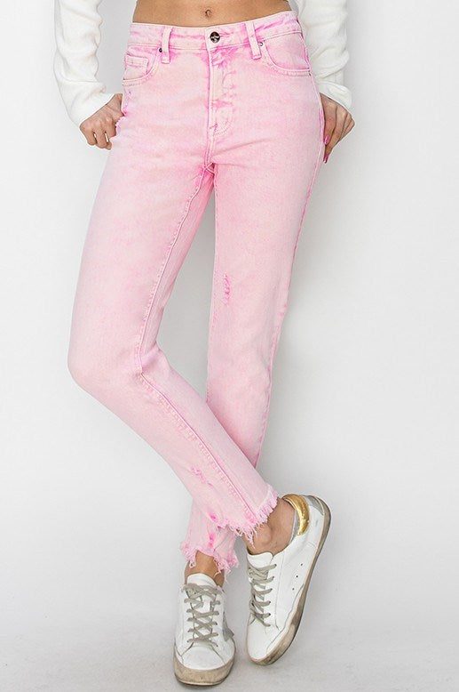 Risen: Acid Pink High Rise-Crop Skinny-Fray Hem Pants