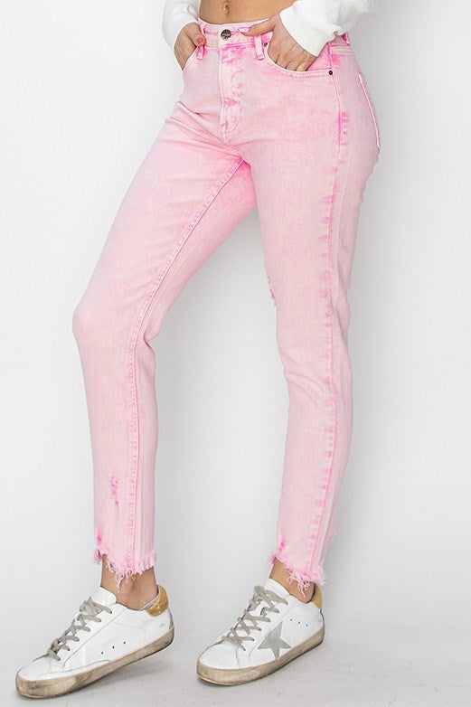 Risen: Acid Pink High Rise-Crop Skinny-Fray Hem Pants