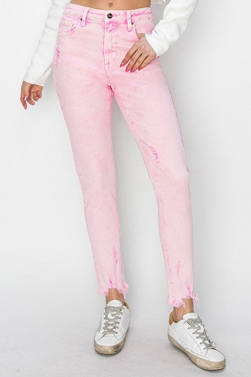 Risen: Acid Pink High Rise-Crop Skinny-Fray Hem Pants