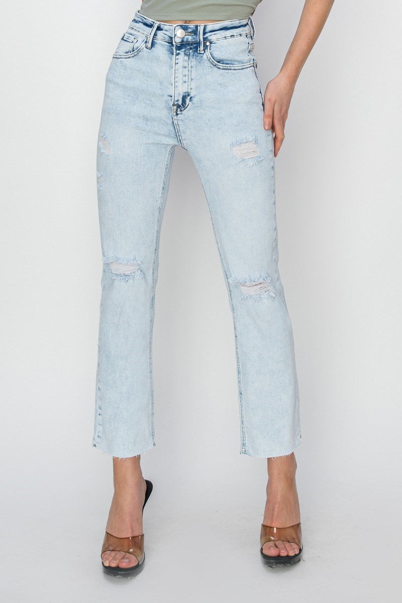 Risen Brand: Acid Light Wash High Rise-Crop Knee Distressed Straight Jeans