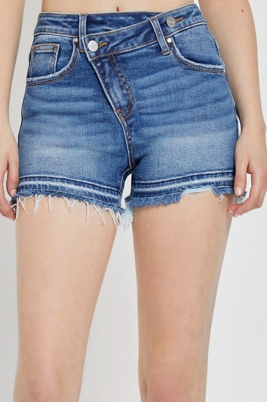 RISEN Medium Wash Cross Jean Shorts