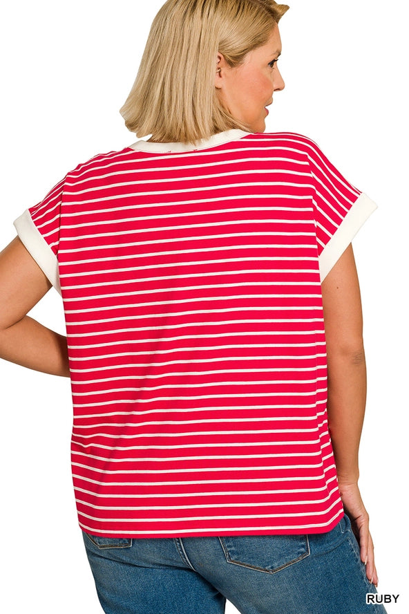 Zenana- Contrast Trim Cap Sleeve Stripe Tee | RUBY Color