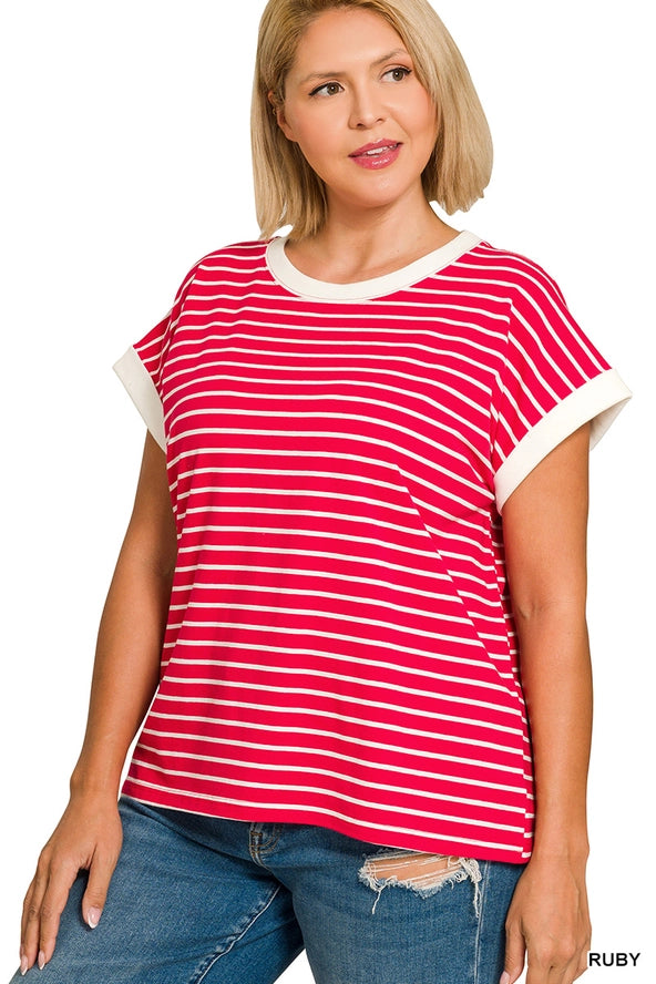 Zenana- Contrast Trim Cap Sleeve Stripe Tee | RUBY Color