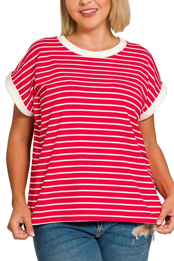 Zenana- Contrast Trim Cap Sleeve Stripe Tee | RUBY Color
