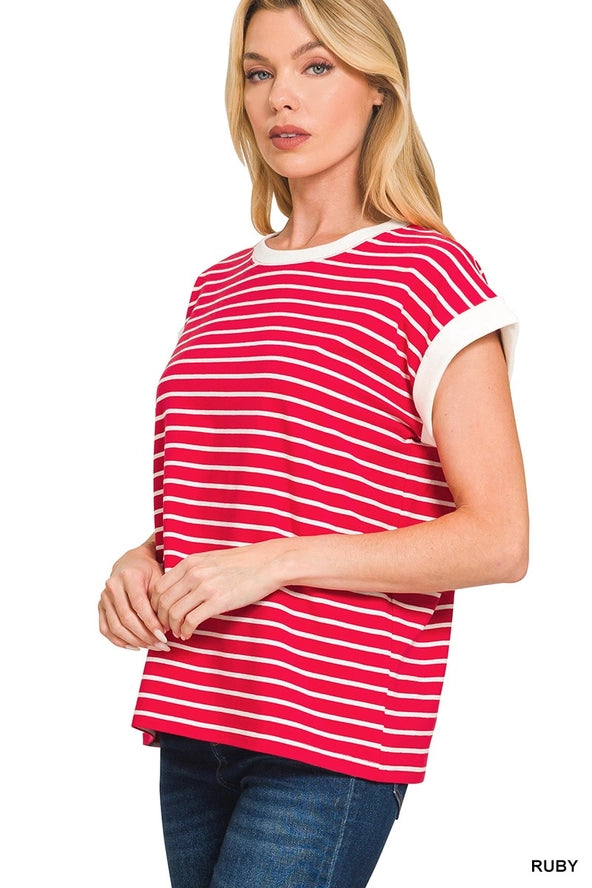 Zenana- Contrast Trim Cap Sleeve Stripe Tee | RUBY Color