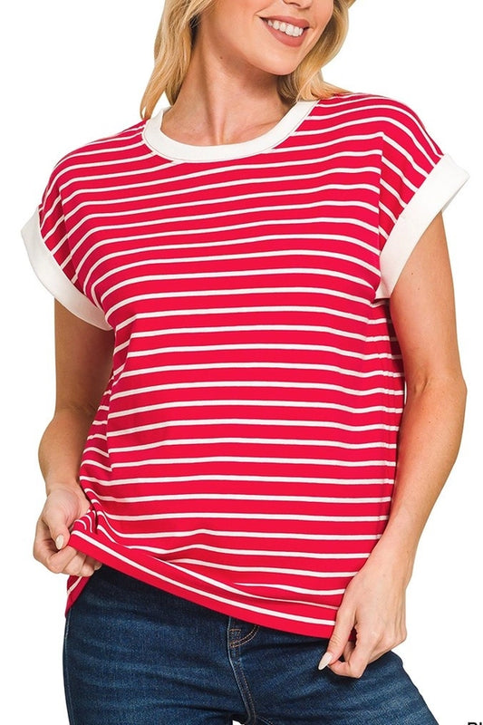 Zenana- Contrast Trim Cap Sleeve Stripe Tee | RUBY Color