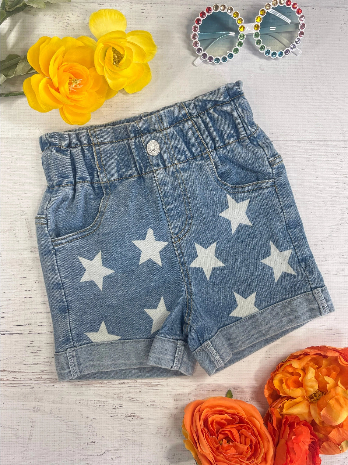 Star Print Girls Denim Shorts