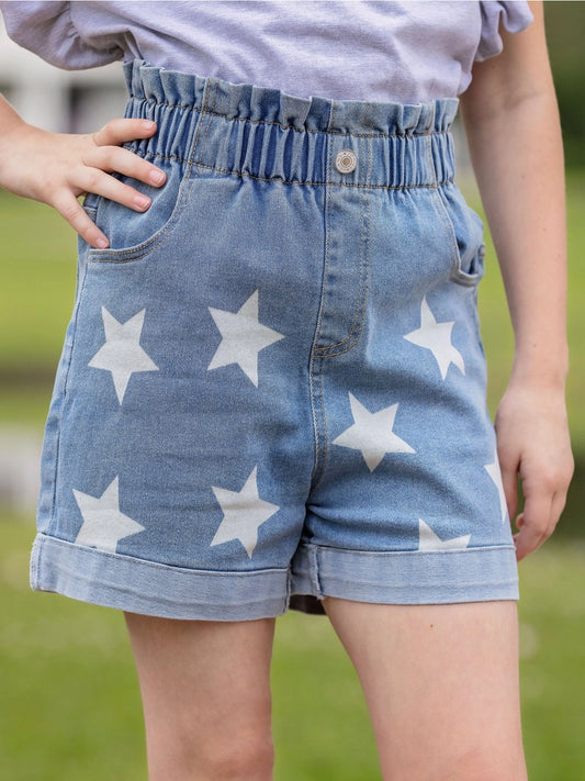 Star Print Girls Denim Shorts