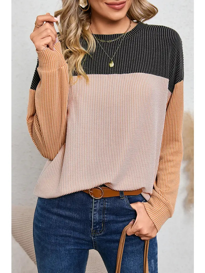 Women's Ribbed Colorblock Long Sleeve Top