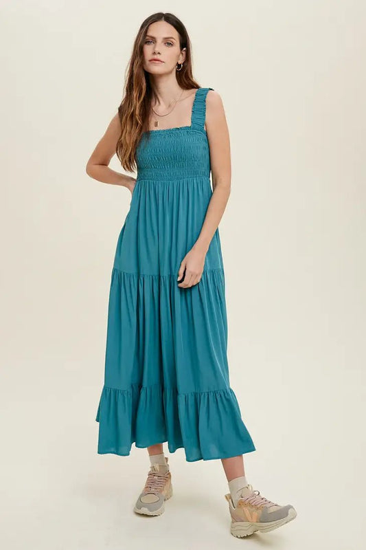 Teal Ruffle Strap- Smocked Top Maxi Dress