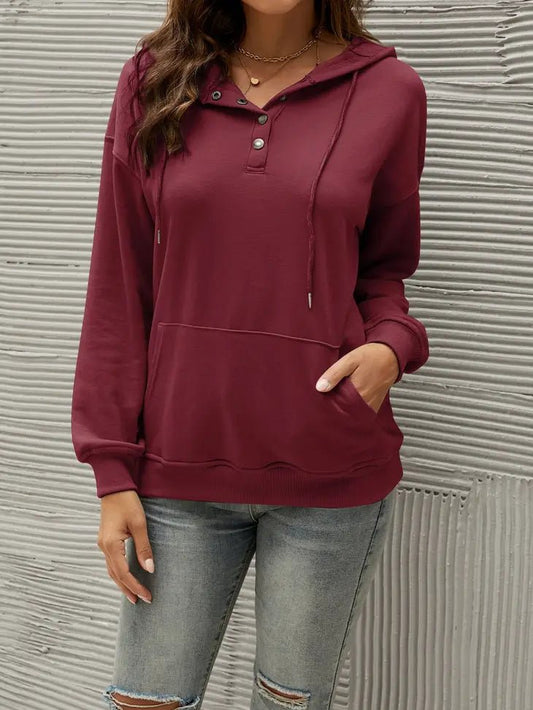 Women's button down drawstring pullover hoodie- Burgundy/Maroon