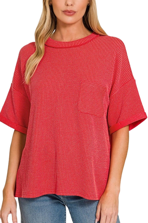 Zenana- Raised Rib Exposed Seam Short Sleeve Top- RUBY RED