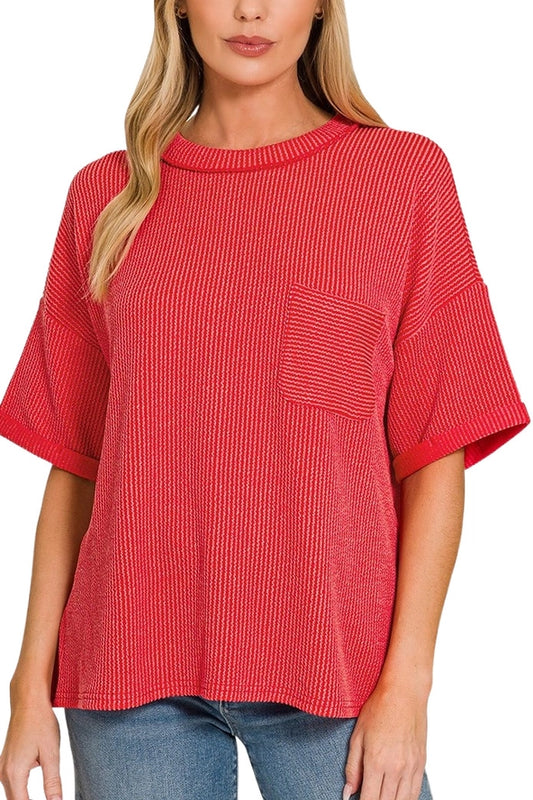Zenana- Raised Rib Exposed Seam Short Sleeve Top- RUBY RED