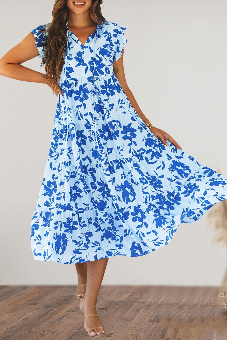 Women's Floral Print Ruffed Sleeve Tiered Maxi Dress