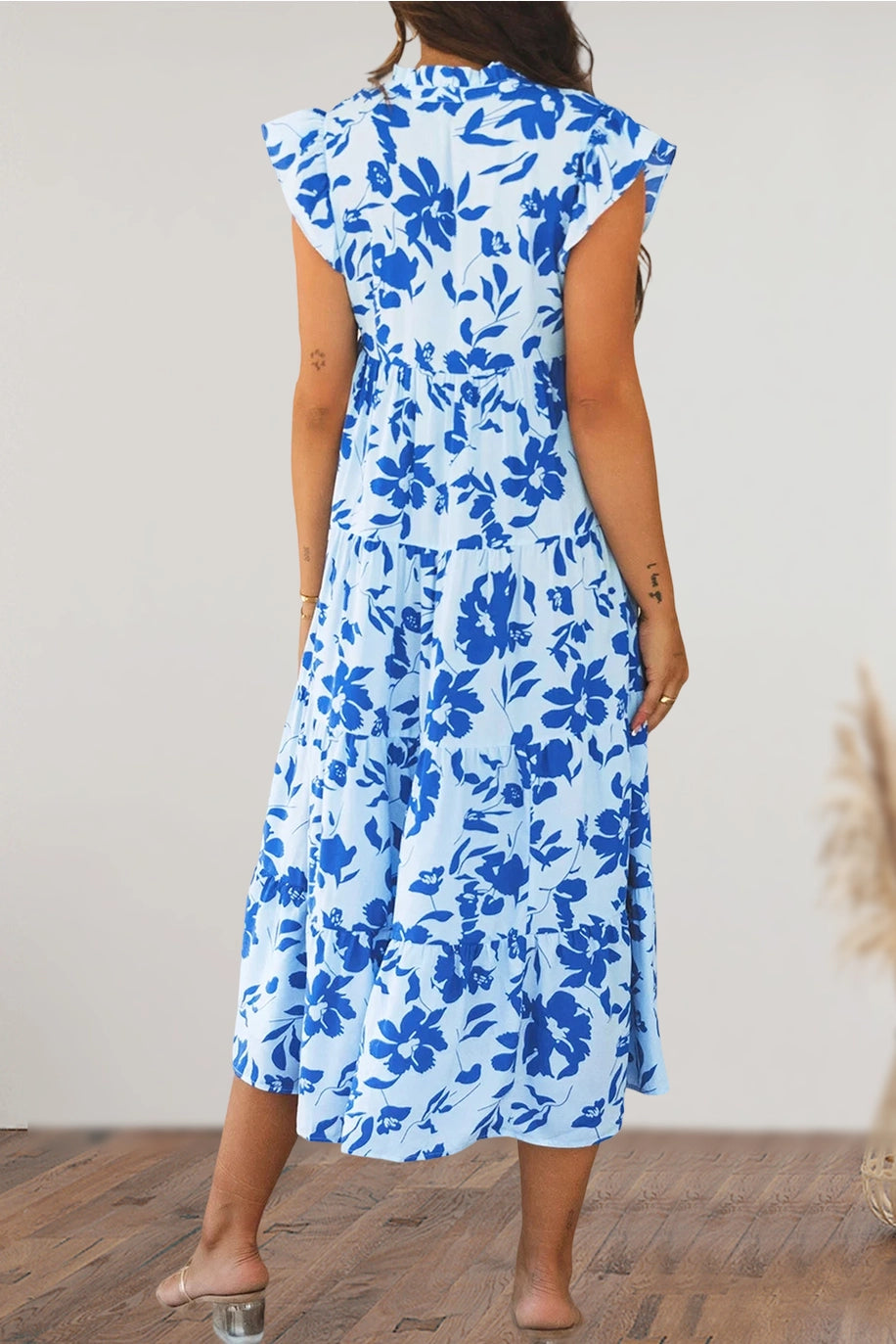 Women's Floral Print Ruffed Sleeve Tiered Maxi Dress