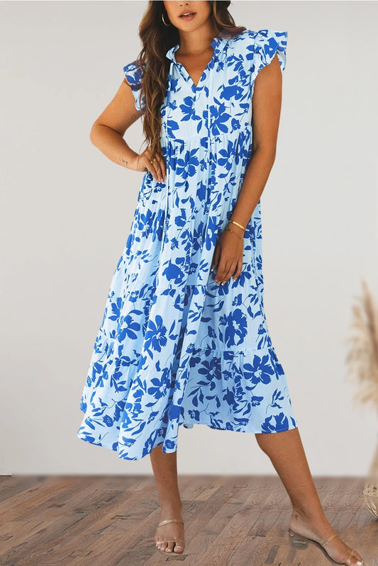 Women's Floral Print Ruffed Sleeve Tiered Maxi Dress