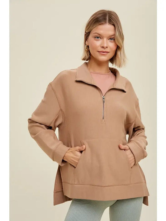 Women's Quarter Zip Pocket Pullover- Lt.Taupe