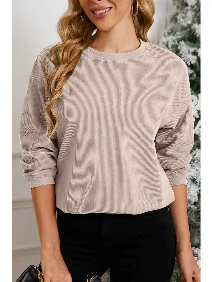 Women's Solid Corduroy Crewneck- Ribbed Loose Fit Sweatshirt